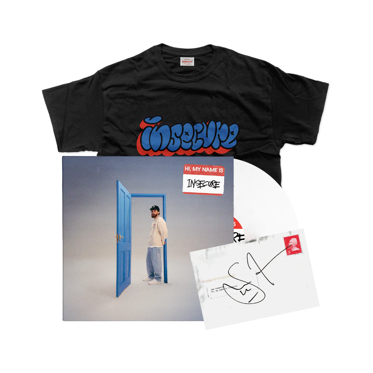 hi, my name is insecure - red/white vinyl, t-shirt & signed art card